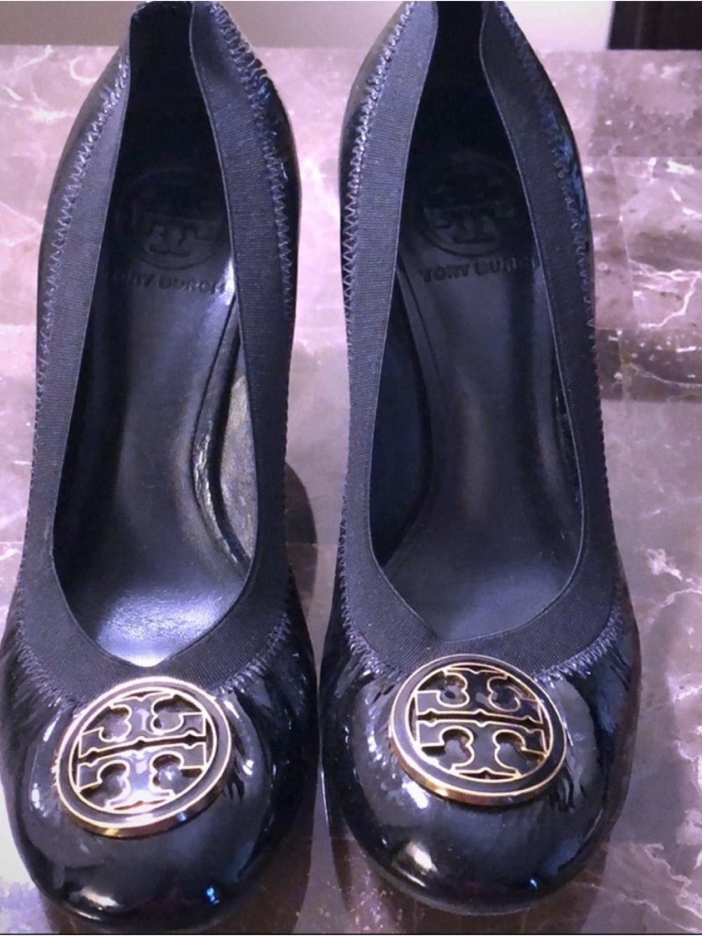 Tory Burch Black Patent Logo Round-Toe Pumps